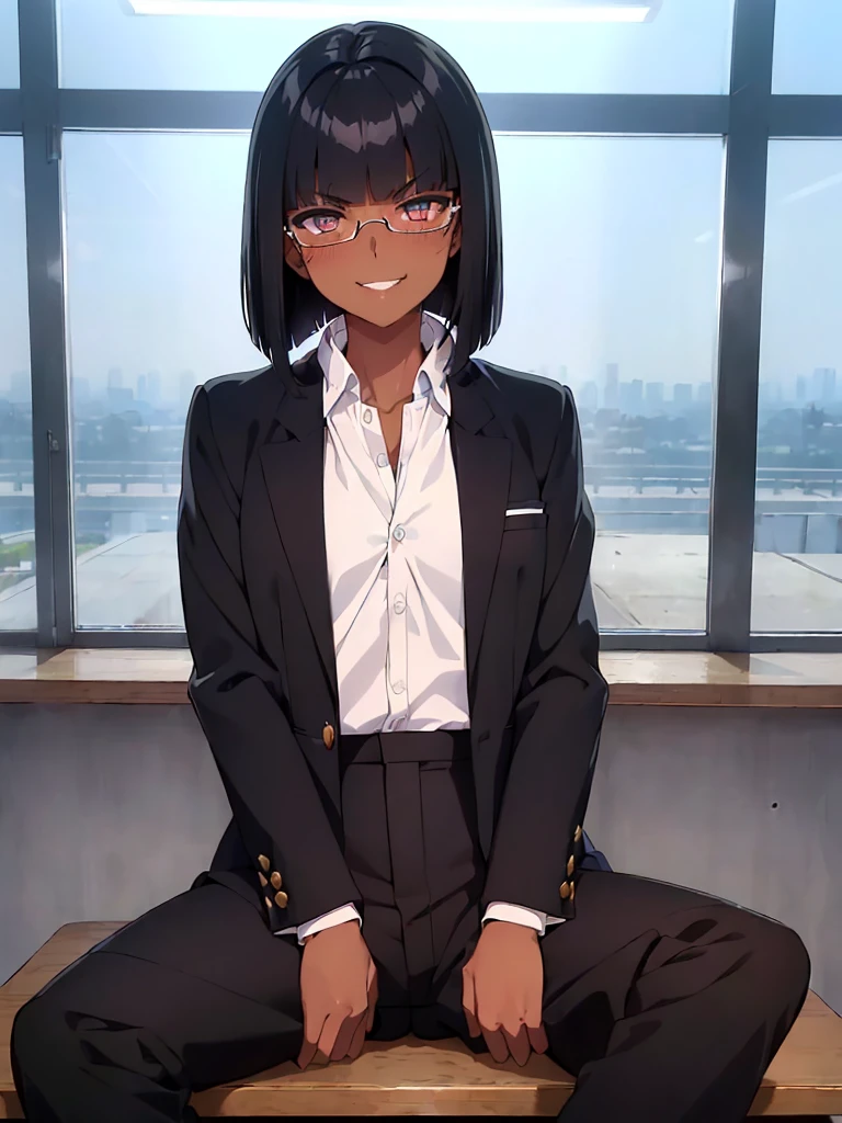 (1 girl solo),(dark skin:1.5),(masterpiece:1.2), highest quality, High resolution, unity 8k wallpaper, (fine and beautiful eyes:1.6), highly detailed face, perfect lighting, Detailed CG, (perfect hands, perfect anatomy),20 years old, (black hair:1.3), detailed eyes, best quality, extremely detailed, very precise detailed, (glasses:1.4), , (straight hair:1.5), (evil smile:1.4) ,long sidelocks, (blush:1.3),(gakuran,long pants:1.5),(short Bobbed hair:1.4),(blunt bangs:1.4), (greaming skin:1.3),(in class room:1.3),(sit on desk:1.4),(spread legs:1.4),(flat chest:1.3),(front open gakuran:1.7),(Dress shirt under gakuran:1.4)