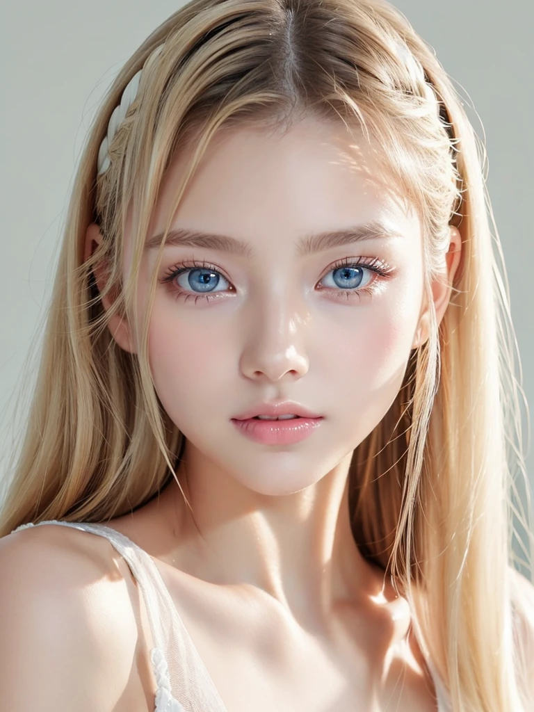 Dazzling golden shine、Silky baby blonde fine hair、ponytail、Super long straight hair、Hitting the face and front of the eyes、bright, Very beautiful pale marine blue eyes、Sheer white and wet nightgown、Nordic youth、Perfect body、White beautiful skin、Glowing Skin、Small Face Beauty、Baby Face、Young and beautiful skin、Perfect beautiful little face、bright makeup、Cheek gloss、Gloss Face、Very beautiful face、Pale pink lips、bright表情、A very cute 16 year old girl、Unbuttoned shirt、lipstick、Deceptive advertising、{vapor}、Viewer's vision、Golden Hour Lighting、Bokeh Atmosphere Perspective、detailedな動画 ライト、Intricate details、High resolution、フェイスデザインのdetailedな特徴、detailed、Clear focus、Smoothness、aesthetics、Printed、Octane、masterpiece、