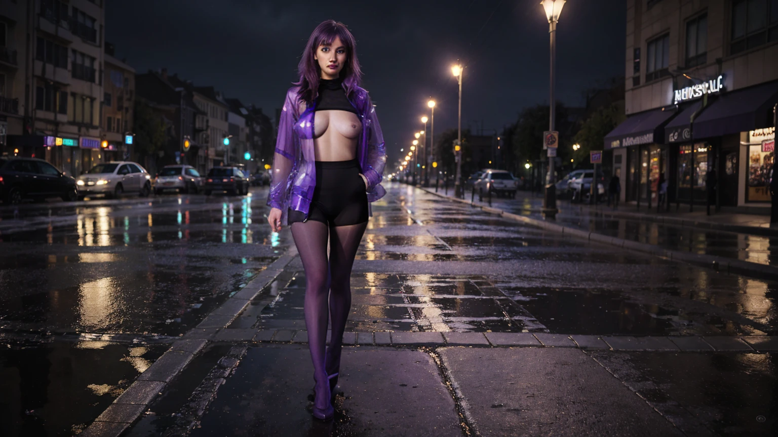 (1girl), masterpiece, photorealistic, 8k, (realistic: 1.2), full body, looking at viewer, pantyhose, purple hair, (kafka: 1.2), walking, beauty, (medium breasts: 1.2) night, night sky, city, cityscape, rain, 