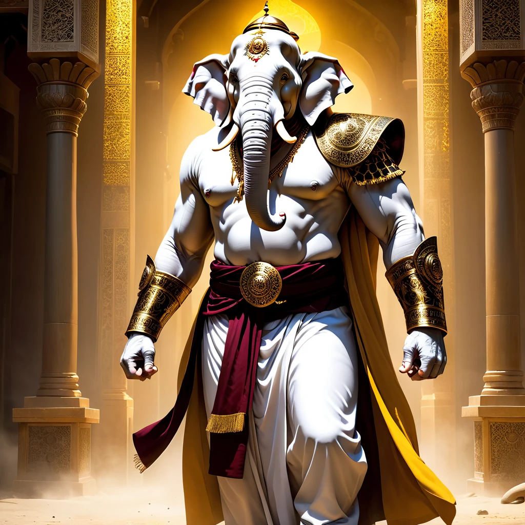 (1 white elephant-humanoid male:1.5), solo, wearing arabic priest cloathing, fullbody-image, attacking viewer with fists, detailed elephant cleric man, long beefy carved fangs, semi strong body, (smirk:1.1), (nose blush:1.1), (big yellow eyes:1.1), (hvid pels:1.1), beautiful detailed face, cinematic lighting, shot on canon 5d, Greg Rutkowski, Yoji Shinkawa:0.6,