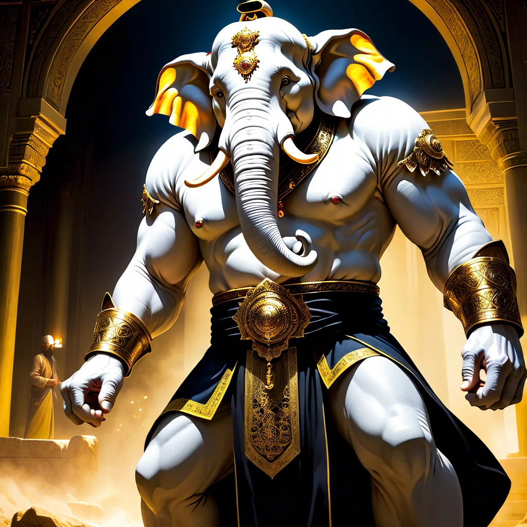 (1 white elephant-humanoid male:1.5), solo, wearing arabic priest cloathing, red turban på hovedet, fullbody-image, facing viewers, detailed elephant cleric male, long beefy carved tusks, semi strong body, (smirk:1.1), (nose blush:1.1), (big yellow eyes:1.1), (hvid pels:1.1), beautiful detailed face, cinematic lighting, shot on canon 5d, Greg Rutkowski, Yoji Shinkawa:0.6, perfect tusks, perfect trunk, 4 fingers on both hands,