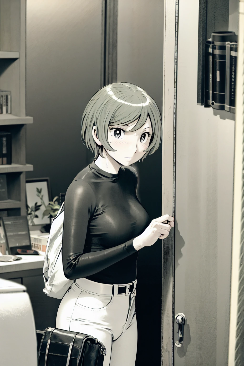 、(masterpiece、Highest quality)、Highest quality, Ultra-high resolution, (((masterpiece))), alone, Sweat、Big eyes,Tight black shirt、Tight white pants、belt、indoor、Composition from the front、(Cut the back hair short、short hair、blonde、woman)、Shortcuts、Embarrassed face、Cut your hair short、可愛いwomanの子、Big Breasts、office