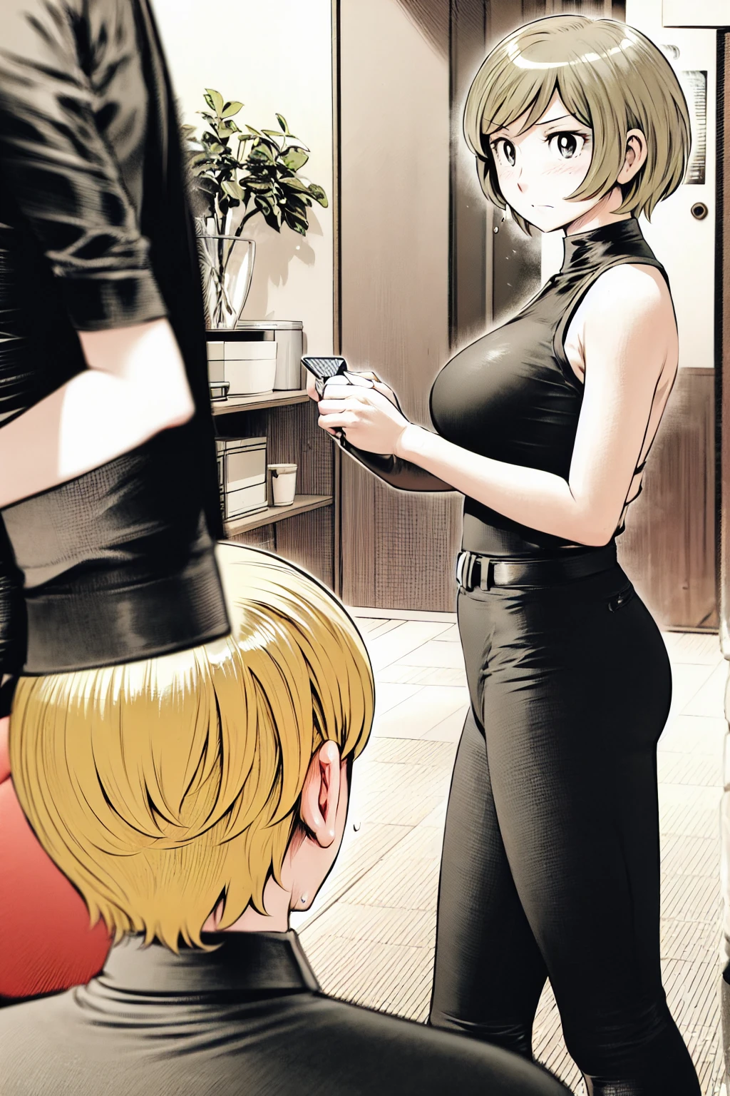 、(masterpiece、Highest quality)、Highest quality, Ultra-high resolution, (((masterpiece))), alone, Sweat、Big eyes,Tight black shirt、Tight white pants、belt、indoor、Composition from the front、(Cut the back hair short、short hair、blonde、woman)、Shortcuts、Embarrassed face、Cut your hair short、可愛いwomanの子、Big Breasts、office