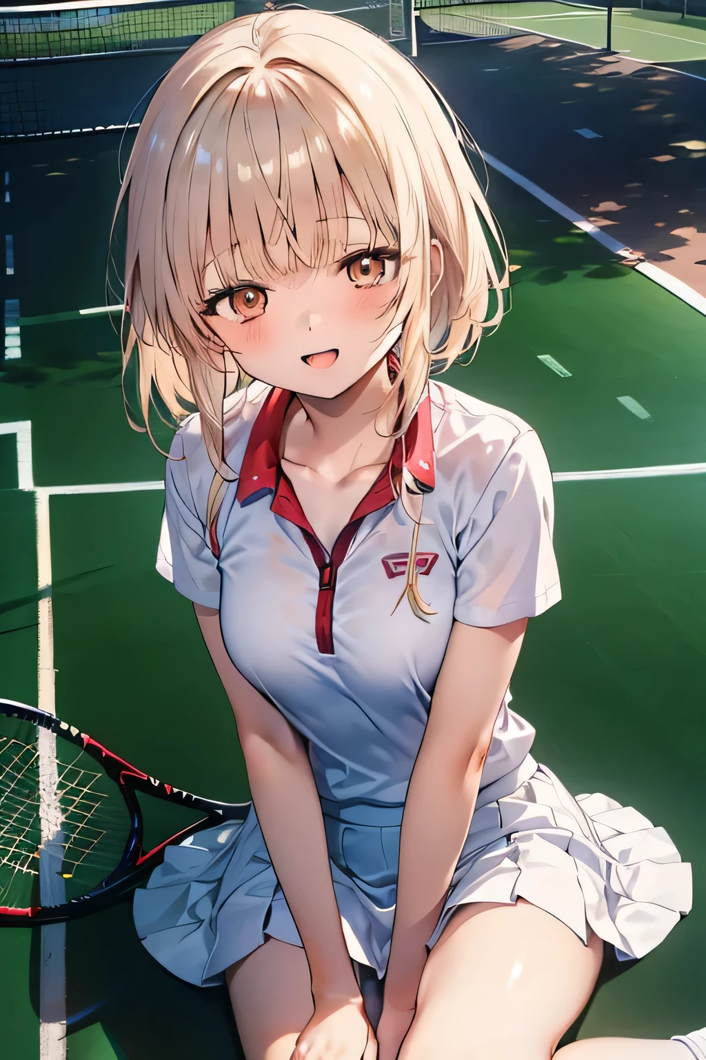 1girl ,Shiina Mahiru,mahiru shiina, nsfw,bangs,happy smile, smile, Open your mouth,((nsfw,full,Tennis Wear,White shirt,White mini skirt)),Real Summer,Daytime,sunny,My hair is blowing in the wind,whole bodyがイラストに入るように,Slender body,
Destroy outdoors, School,Tennis court,
壊す looking at viewer,Beautiful breasts,On all fours,Wide-open legs,Medium chest,whole body,Breaking the angle from above (masterpiece:1.2), Highest quality, High resolution, unity 8k wallpaper, (shape:0.8), (Beautiful details:1.6), Highly detailed face, Perfect lighting, Extremely detailed CG, (Perfect hands, Perfect Anatomy), 