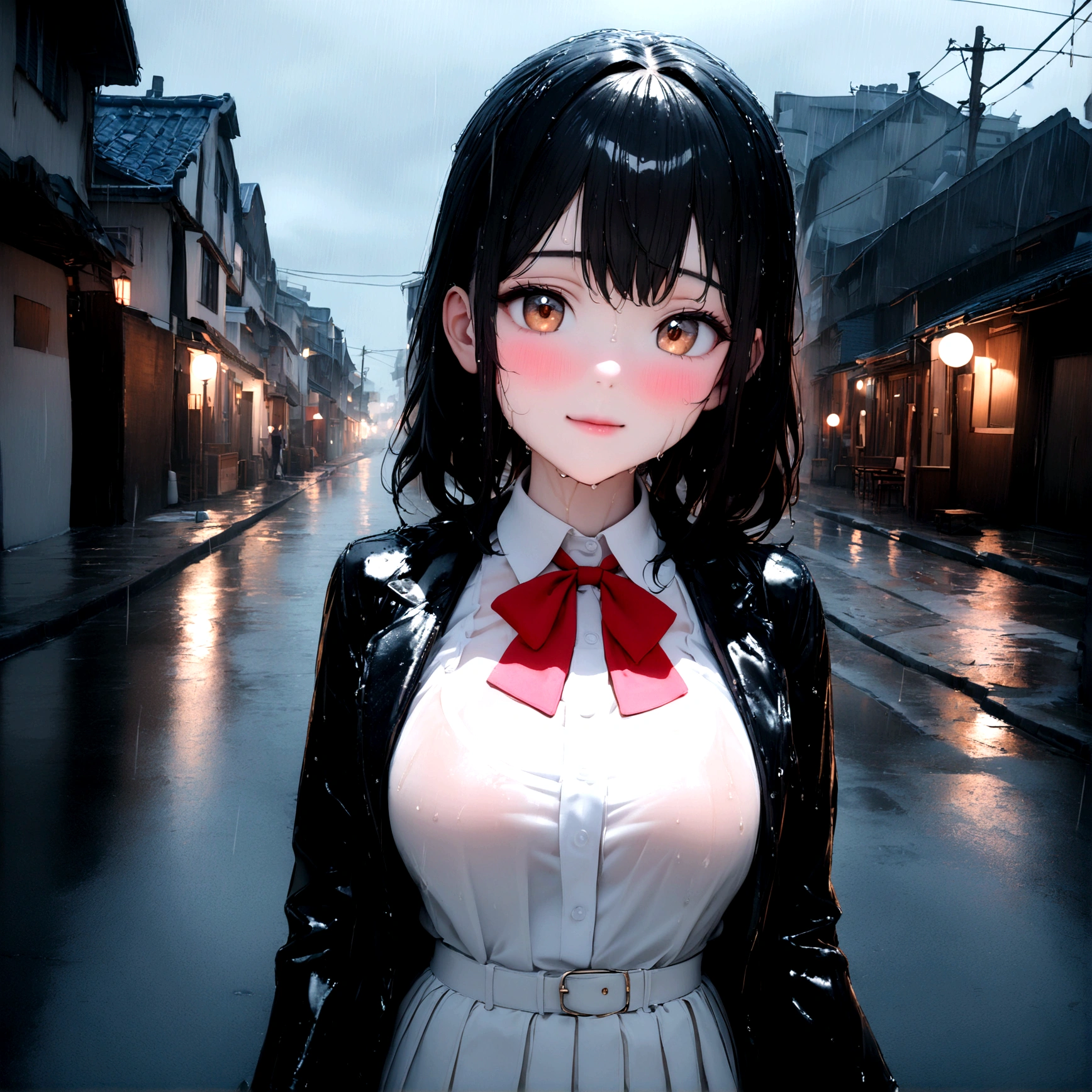 (8K, RAW photos, best quality, masterpiece:1.2), (Practical, photo-Practical:1.37), Omotosa, 1 Girl, (Korean Idol), (Egiosar:1), Lovely, city View, rain, wet, Professional lighting, Photon Mapping, Radiosity, Physically Based Rendering,,  