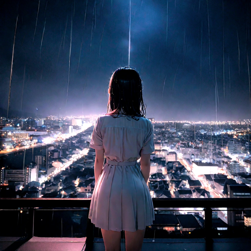 (8K, RAW photos, best quality, masterpiece:1.2), (Practical, photo-Practical:1.37), Omotosa, 1 Girl, (Korean Idol), (Egiosar:1), Lovely, city View, rain, wet, Professional lighting, Photon Mapping, Radiosity, Physically Based Rendering,,