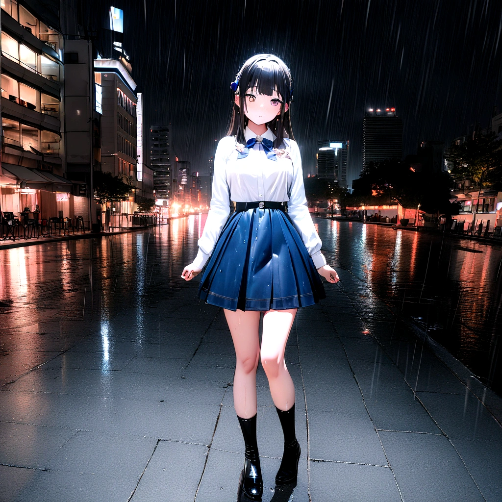 (8K, RAW photos, best quality, masterpiece:1.2), (Practical, photo-Practical:1.37), Omotosa, 1 Girl, (Korean Idol), (Egiosar:1), Lovely, city View, rain, wet, Professional lighting, Photon Mapping, Radiosity, Physically Based Rendering,,  