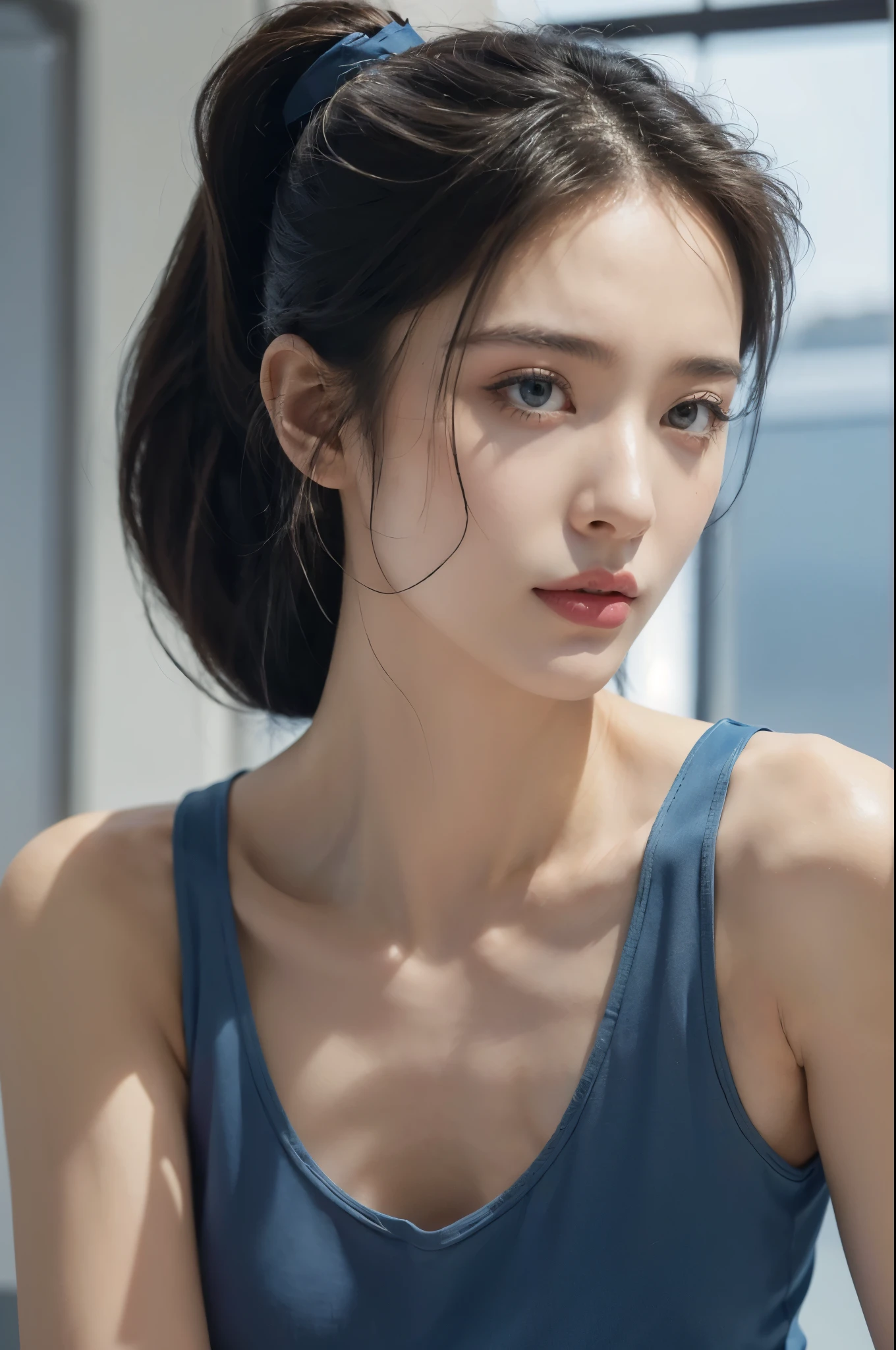 (((best quality))),(((ultra detailed))),(((masterpiece))),illustration,((1girl, female, Air Force commander,solo)),(short ponytail:1.2),((slim,thin)),((small breasts,flat chest)),poised, confidence, authority,(blue tank top:1.3),piercing eyes, control panel, military airport, soldiers, duties, fighter jets, clear sky, engine roar, excitement, energy, control room, monitors, switches, mosaic colors, expertise, pilots, headset, calm voice, strong presence, attention, respect, leadership, dedication, courage, bravery, women in military, inner strength, resilience, inspiration,((from front,close-up of face))