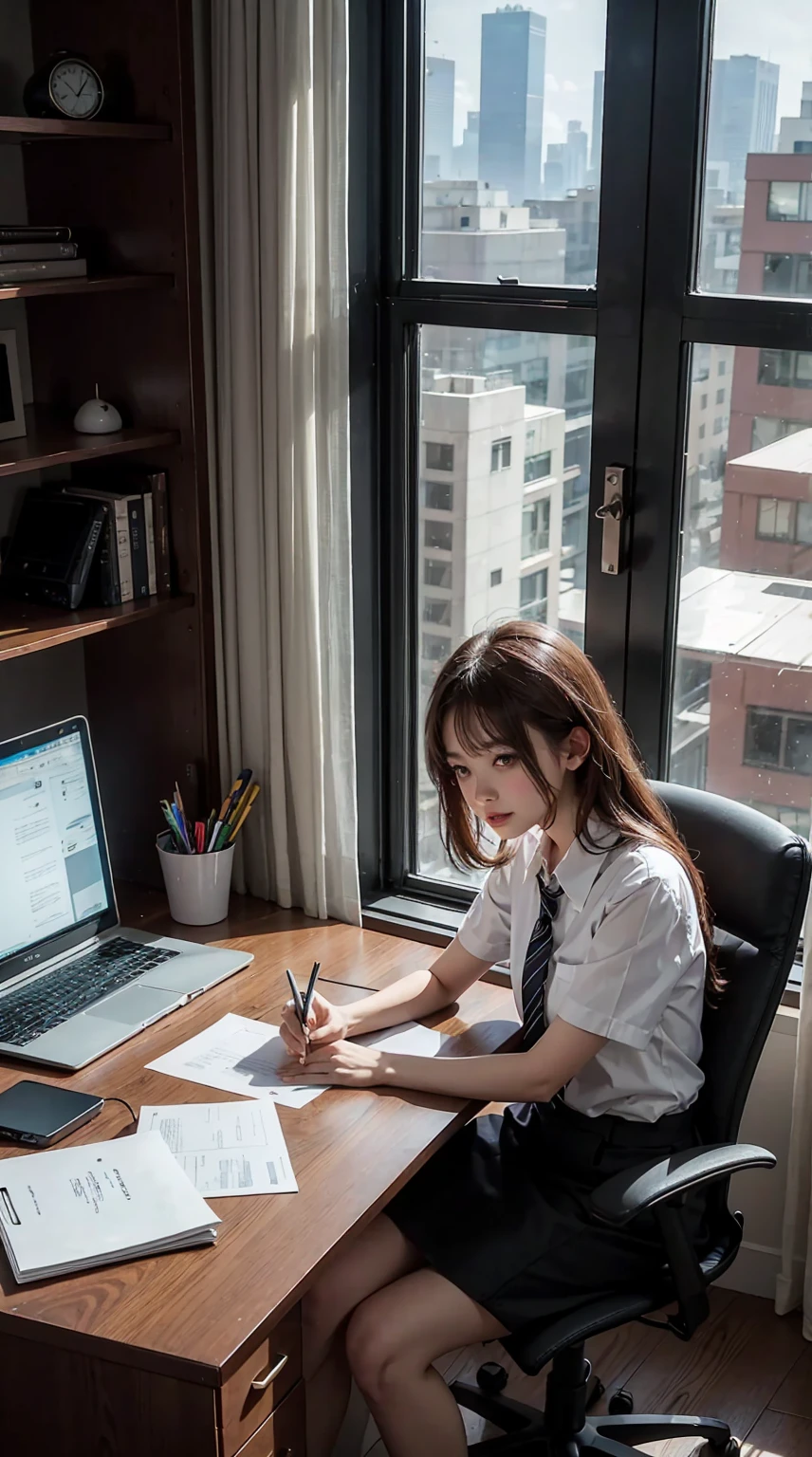 This illustration is、It depicts a cute girl working in an office in a high-rise building., The moment she got tired of the situation. She is working on a laptop、monitorに向かっている. His eyes are shining. There are piles of papers in the room., office desk and chair, monitor, wait. but, The most notable is "The last mysterious high-energy object" She emits. This energy body was released from her body.、It has the power to make all the trash in the room disappear.. Emitting a pale light, Corner of the room々White light that reaches. The view from the window is a night view. A girl with a satisfied expression is sitting.(night)