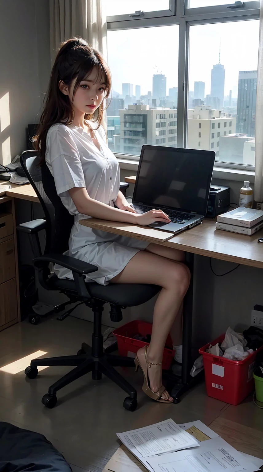 This illustration is、It depicts a cute girl working in an office in a high-rise building., The moment she got tired of the situation. She is working on a laptop、monitorに向かっている. His eyes are shining. There are piles of papers in the room., office desk and chair, monitor, wait. but, The most notable is "The last mysterious high-energy object" She emits. This energy body was released from her body.、It has the power to make all the trash in the room disappear.. Emitting a pale light, Corner of the room々White light that reaches. The view from the window is a night view. A girl with a satisfied expression is sitting.(night)
