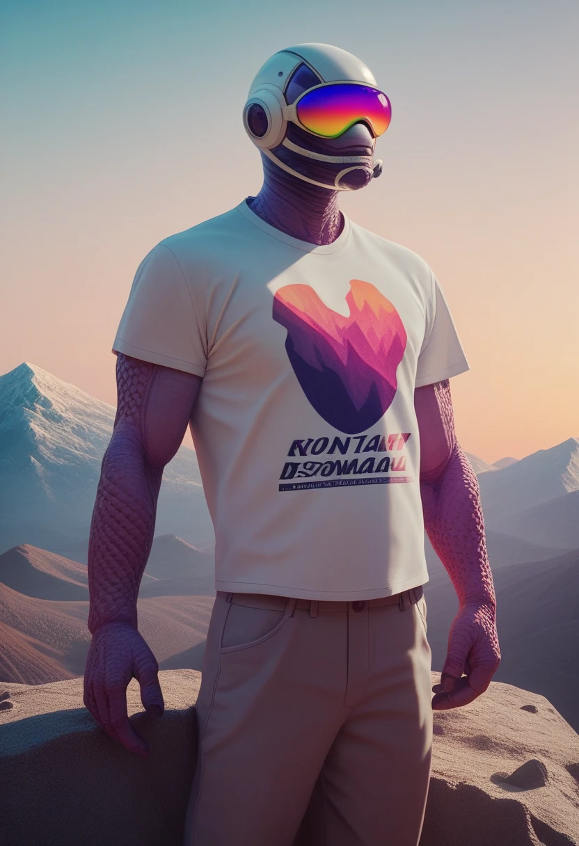 artwork of t-shirt graphic design, flat design of a spaceman, mountains, colorful shades, highly detailed clean, vector image, photorealistic masterpiece, professional photograph, simple sunrise backdrop for monster, flat white background, isometric, vibrant vector 