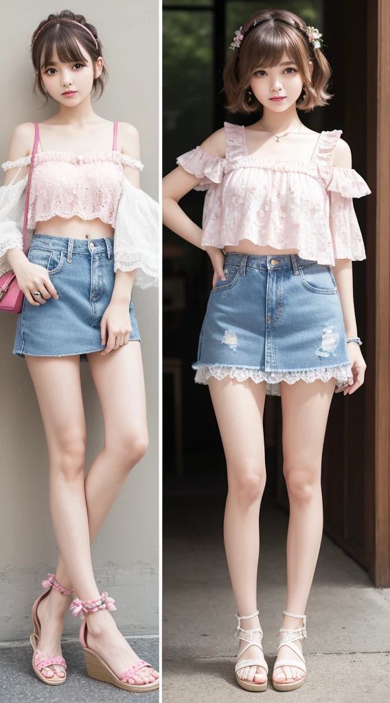 Portrait in girlish casual style for spring and summer。The model has fluffy curled bangs and light brown short hair.。She wears a white lace top、Denim miniskirt、Wearing pink sandals。Accessories include floral hair clips and beaded bracelets。