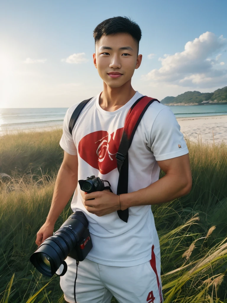 A handsome, muscular young Asian man looks at the camera. In a simple t-shirt white and red , Fieldside, grass, beach, sunlight, Carrying a camera