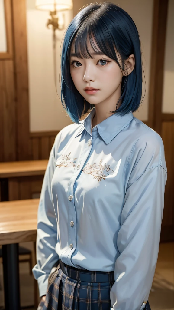 ((high quality)),Tabletop,(Detailed depiction of the site:1.2),Japanese girl, one girl, (flair shirt:1.3),Enchanted Valley,Mouth closed,eyelash, look away,Portraiture,Upper Body, blue hair,White Theme, long hair, Expressionless,Emotionless