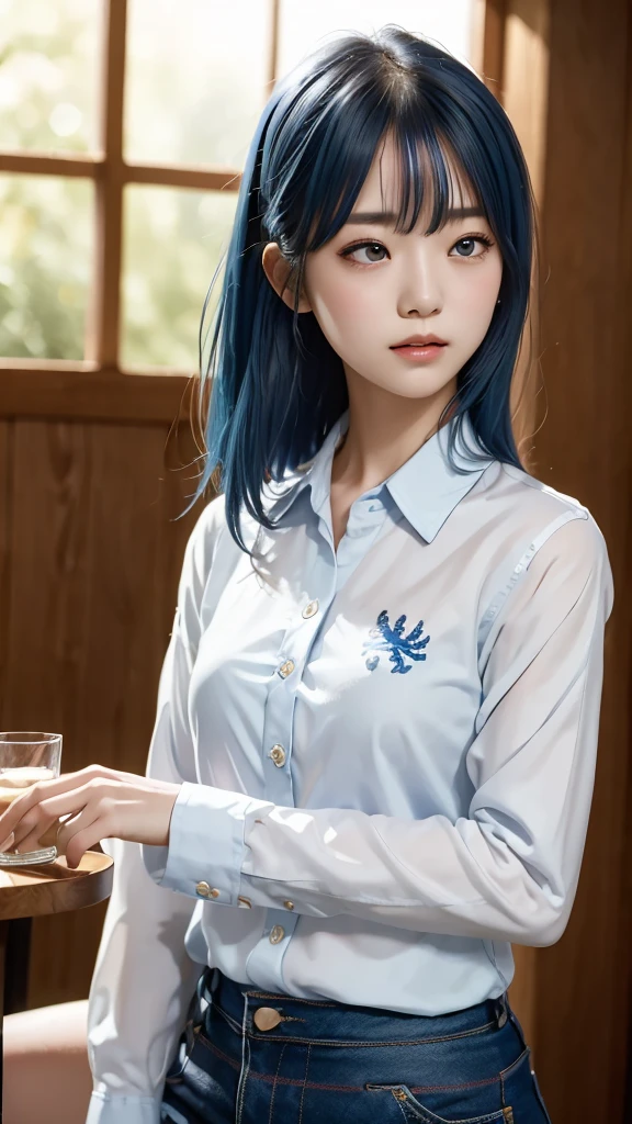 ((high quality)),Tabletop,(Detailed depiction of the site:1.2),Japanese girl, one girl, (flair shirt:1.3),Enchanted Valley,Mouth closed,eyelash, look away,Portraiture,Upper Body, blue hair,White Theme, long hair, Expressionless,Emotionless