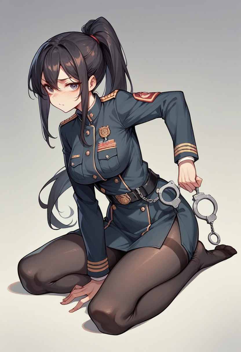 Japanese girl Black ponytail hair Black military uniform tights Prisoner Tied up with rope and hung from the wall