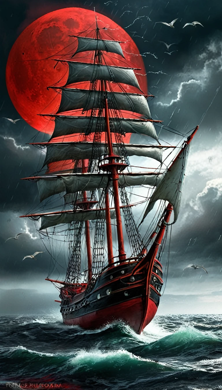 Ghost Ship of Tattered Sails.Rough seas.heavy rain.Red Moon.Dark fantasy world view.