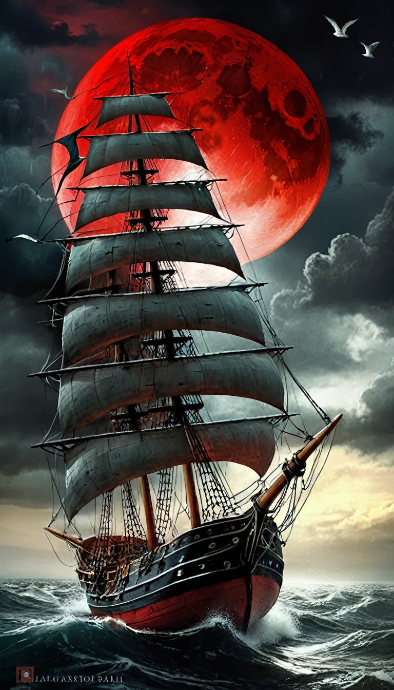 Ghost Ship of Tattered Sails.Rough seas.heavy rain.Red Moon.Dark fantasy world view.