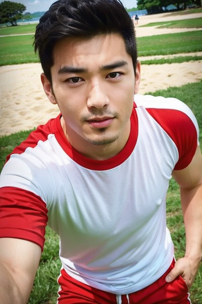 A handsome, muscular young Asian man looks at the camera. In a simple t-shirt white and red , Fieldside, grass, beach, sunlight, Carrying a camera