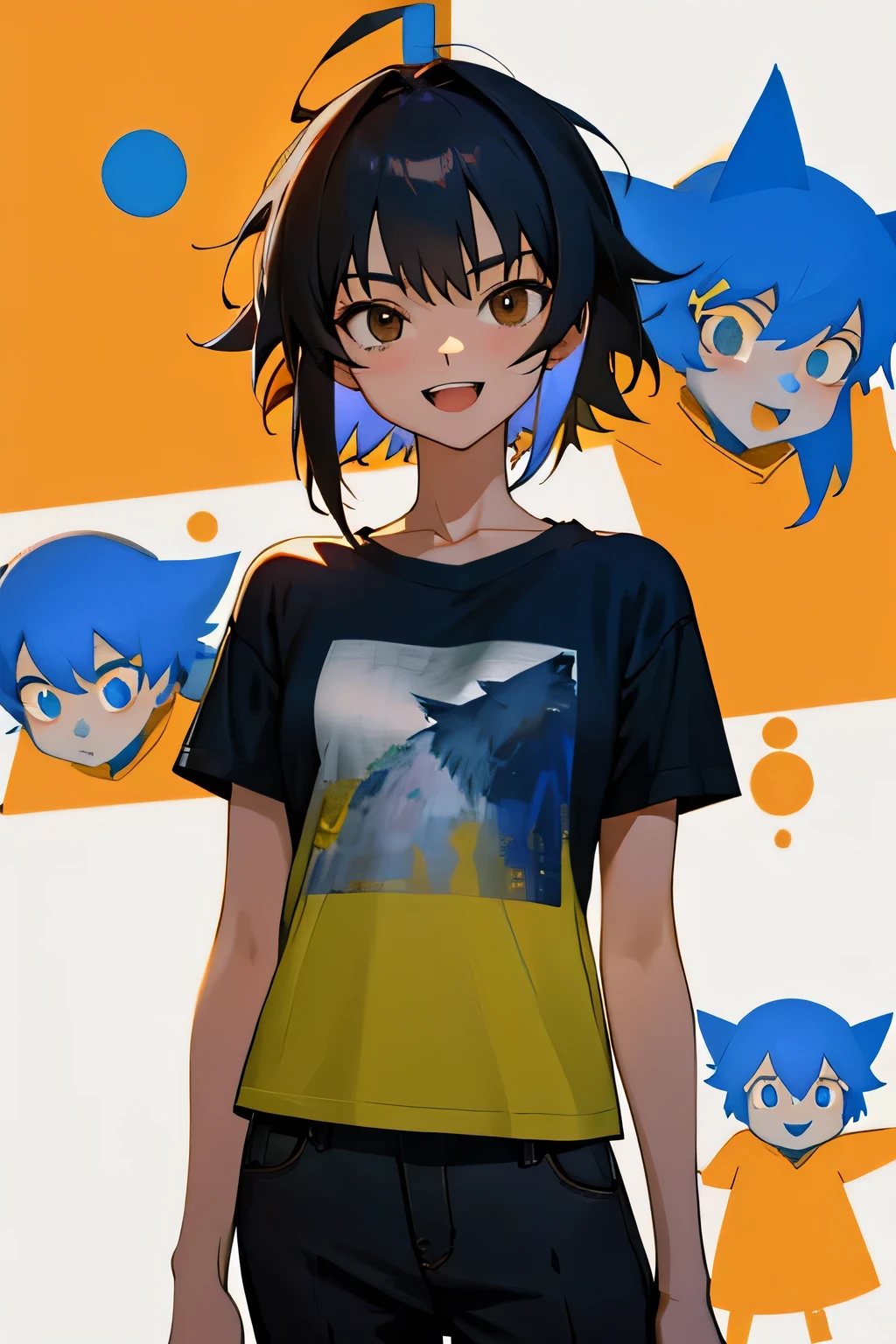 (masterpiece), ((SFW)), Highest quality, Expressive eyes, Perfect Face, , (One girl,, Young people, Cool girl, Long face, Flat Body), alone, Short, messy blue wolf cut hair, Brown Eyed Blake ( T-Shirts), Cowboy Shot, smile, BREAK Black pants BREAK Standing, :d, smile, Boy is watching, Long face 