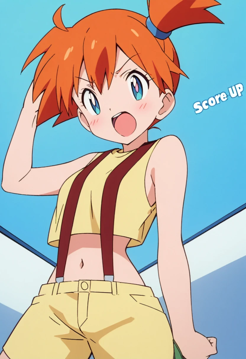 score_9, score_8_up, score_7_up, score_6_up, score_5_up, zPDXL2, max detail, 4k wallpaper, masterpiece, best quality, absurdres, highres, dynamic angle, dynamic pose, source_anime, PokemonStyle, pokemon \(anime\), pokemon \(classic anime\), flat color,
1girl, solo, misty (pokemon), open mouth, orange hair, blue eyes, upper body, suspenders, side ponytail, breasts, teeth, blush, outline, shirt, short hair, yellow shirt, navel,blue background, simple background, sleeveless, bangs, looking to the side, upper teeth only, bright pupils, bare shoulders, sleeveless shirt, character name, tongue