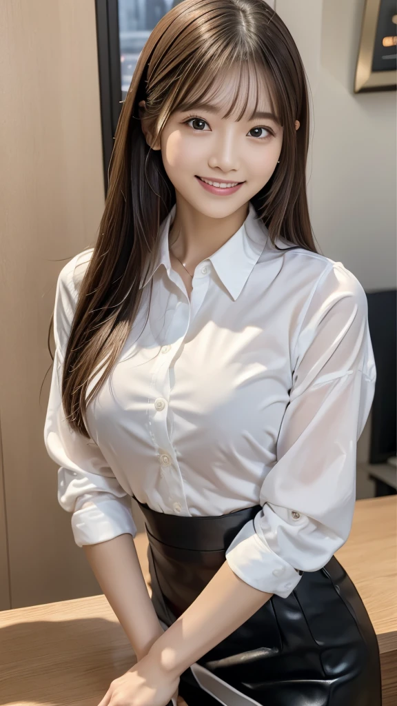 masterpiece, Highest quality:1.1), (8K, RAW Photos, Photo Real:1.2, f22), (Shiny skin), Detailed skin,Long Hair,Detailed face, Fine grain, smile、A world of broken reality, Intricate details, smile, shirt、Tight Skirt、office、officeレディ、secretary、