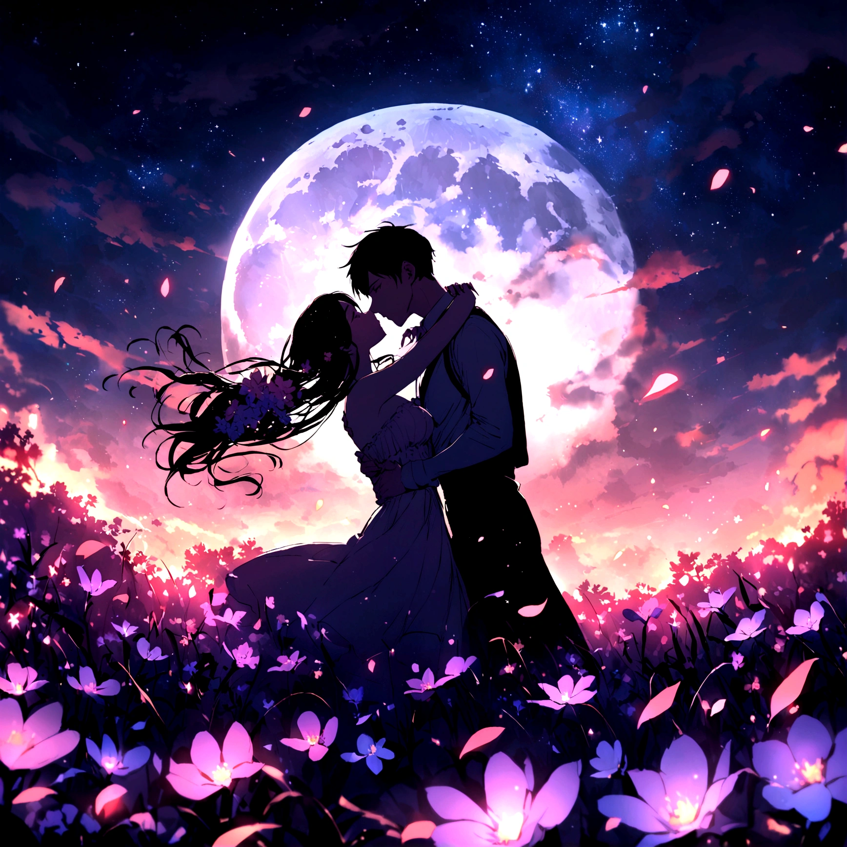 Dream colors,masterpiece,detailed,Starry sky background,cloud,Light and shadow effects,Film Effects,Colorful,((Couple)),Embrace each other,((((In a kiss)))),Petals rained down,Full moon night,Flowers Bloom,Blurred foreground,Depth of Field Effect,