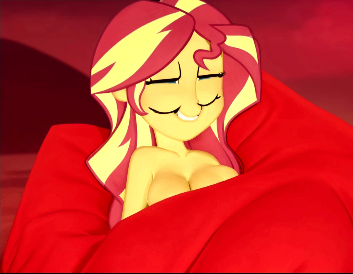 a close up of a cartoon girl with pink hair and a red blanket, furr covering her chest, sun behind her, windy mane, pinky pie my little pony, closeup view, fur covering her chest, dreamcore looking, pinkie pie equine, breasts covered and sfw, sunset!, fim still, morning sunrise, her belly button is exposed, giddy smirk