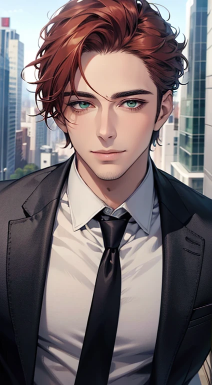 (Highest quality,4K,8K,High resolution,masterpiece:1.2),Super detailed,(Realistic,photoRealistic,photo-Realistic:1.37),1 person,31 years old,Mature Men,Beautiful skin、very handsome,Expressionless smile in love,Short gray red hair,green eyes,Sharp Eyes,A perfect face without a doubt,Businessman,Office Background,Cinema Lighting,HDR image,tie、