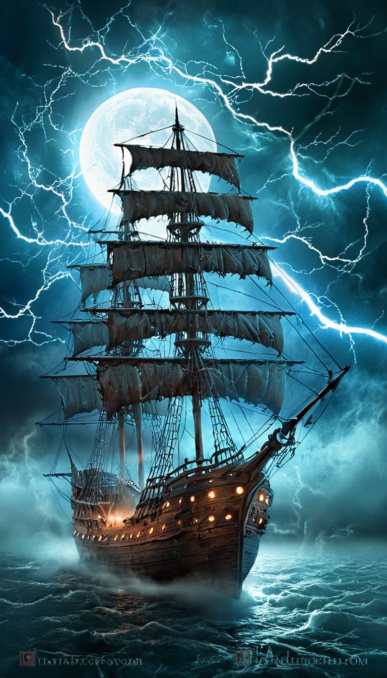 Ghost Ship of Tattered Sails.Several lightning bolts flash in the night sky.A hazy blue moon.Overall fog.Dark Fantasy Background.