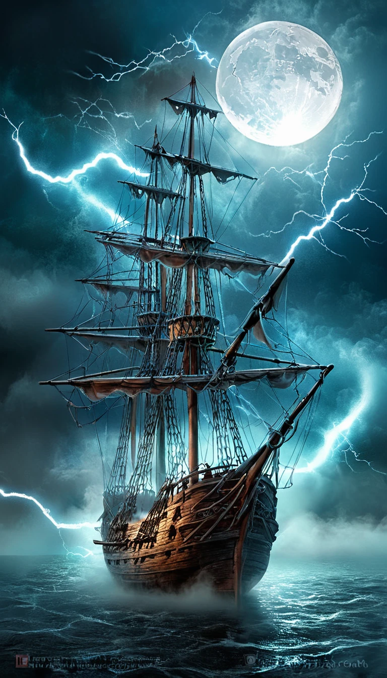 Ghost Ship of Tattered Sails.Several lightning bolts flash in the night sky.A hazy blue moon.Overall fog.Dark Fantasy Background.