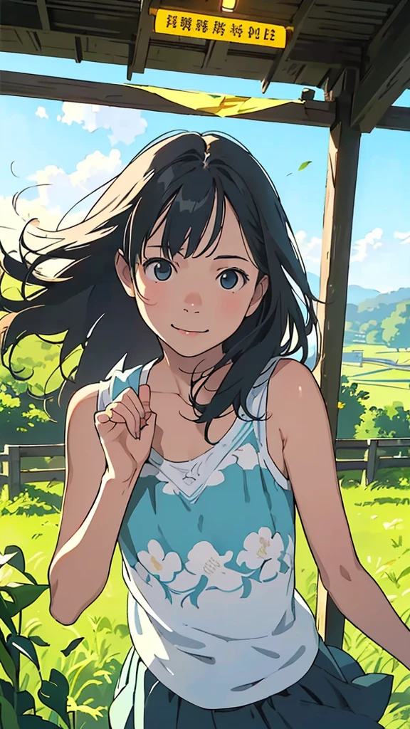 reasonable design, Clear lines, High Sharpness, (highest quality,8K,Perfect sharpness,Ultra fine,High resolution,masterpiece:1.2), Perfect Anatomy:1.5, Official Art, Illustrations that tell a story, (Whitish background:0. 9)、Body Positivity、More Mr.Physical expression、(Random and mischievous poses)、Perfect beauty、Perfect beautiful face、Strong winds、A rich expression、Dynamic composition、smile、Golden ratio composition、colorful、(Mr.Different angles and perspectives)、anime art、mini skirt、(Overcoming stereotypes)、 Glowing Skin、(Natural beauty)、smile、bangs、Straight Hair、(Soft and flowing hair)、(Rural Scenery)、(Nostalgic atmosphere)、Insert up to the thighs、(Playful and carefree)、(More Mr.Ethnic characters)、(innocent attitude)、(Sunny atmosphere)、Skirt flipped up、(Bright colors)、Belly button exposed、Beautiful Eyes、A skirt fluttering in the wind、Put it in to your feet、Some composition patterns、Tank top、ル、sensuous、Geometric pattern、