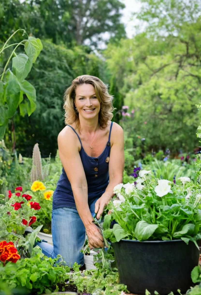 Dr. Amanda Eversfield in her garden, tending to vibrant flowers and vegetables, dressed in casual gardening clothes, with a relaxed and content expression, surrounded by greenery and blooming plants.

