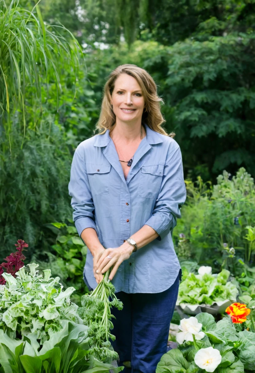 Dr. Amanda Eversfield in her garden, tending to vibrant flowers and vegetables, dressed in casual gardening clothes, with a relaxed and content expression, surrounded by greenery and blooming plants.
