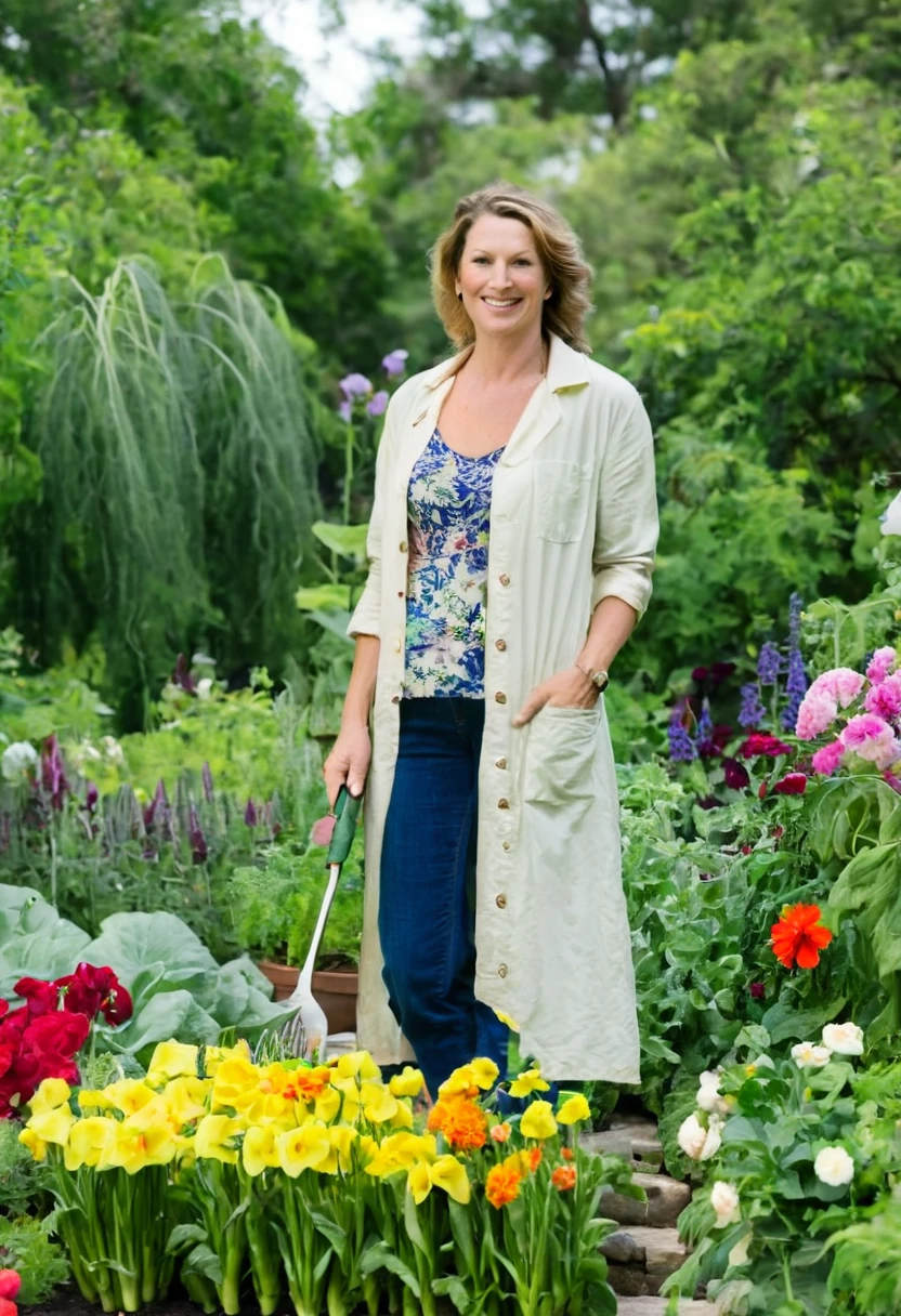 Dr. Amanda Eversfield in her garden, tending to vibrant flowers and vegetables, dressed in casual gardening clothes, with a relaxed and content expression, surrounded by greenery and blooming plants.