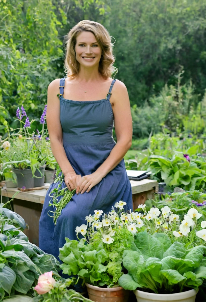 Dr. Amanda Eversfield in her garden, tending to vibrant flowers and vegetables, dressed in casual gardening clothes, with a relaxed and content expression, surrounded by greenery and blooming plants.