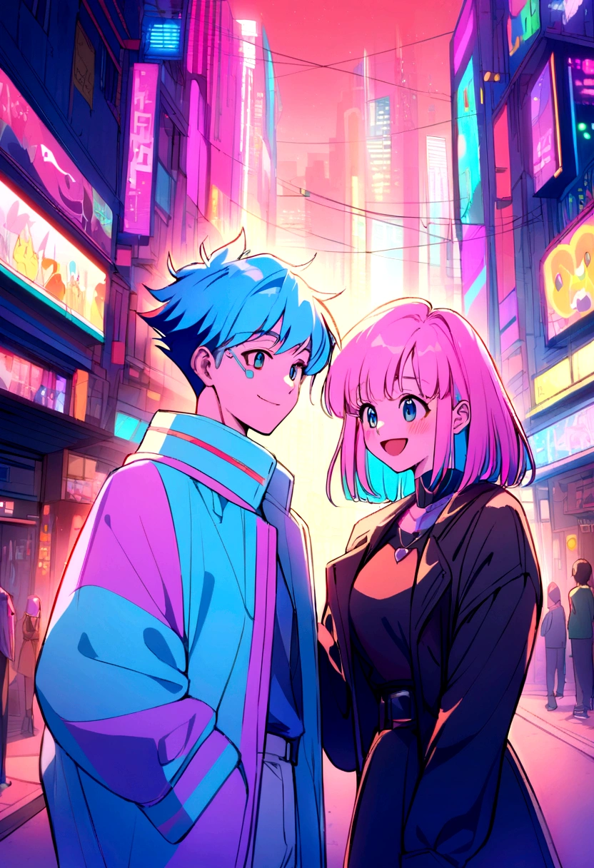 Pink and blue haired girl and boy, soda, Inspired by 90s anime, Cyberpunk City, praise, colorful, , Pink Hair, Blue Hair Happy Couple A big smile
