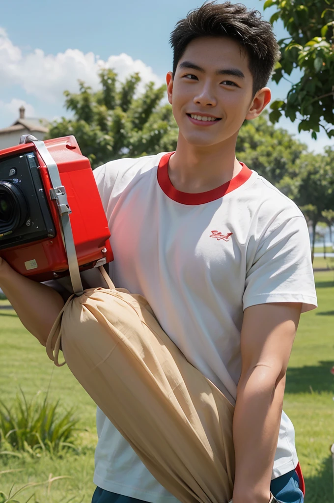 A handsome, muscular young Asian man looks at the camera. In a simple t-shirt white and red , Fieldside, grass, beach, sunlight, Carrying a camera