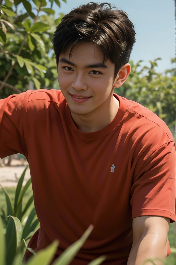 A handsome, muscular young Asian man looks at the camera. In a simple t-shirt white and red , Fieldside, grass, beach, sunlight, Carrying a camera, smiling