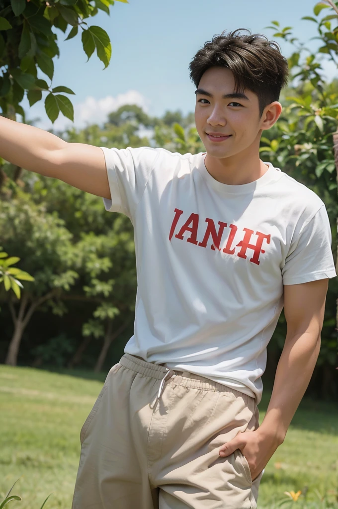 A handsome, muscular young Asian man looks at the camera. In a simple t-shirt white and red , Fieldside, grass, beach, sunlight, Carrying a camera, smiling