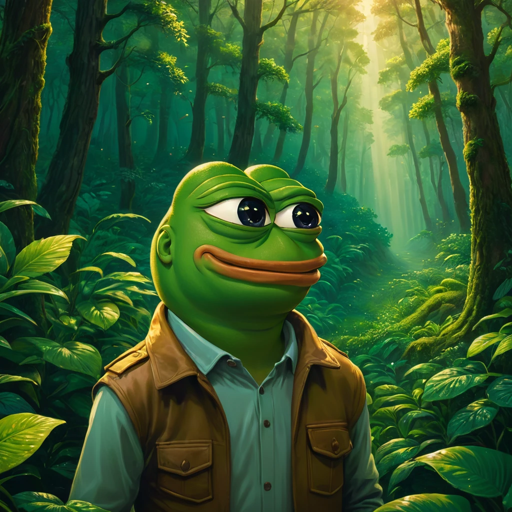 A father and son Pepe the frog, highly detailed, 3d render, digital illustration, vibrant colors, dynamic lighting, photorealistic, intricate details, lush green forest background, cute and whimsical, warm color palette, masterful rendering, epic scale, striking composition