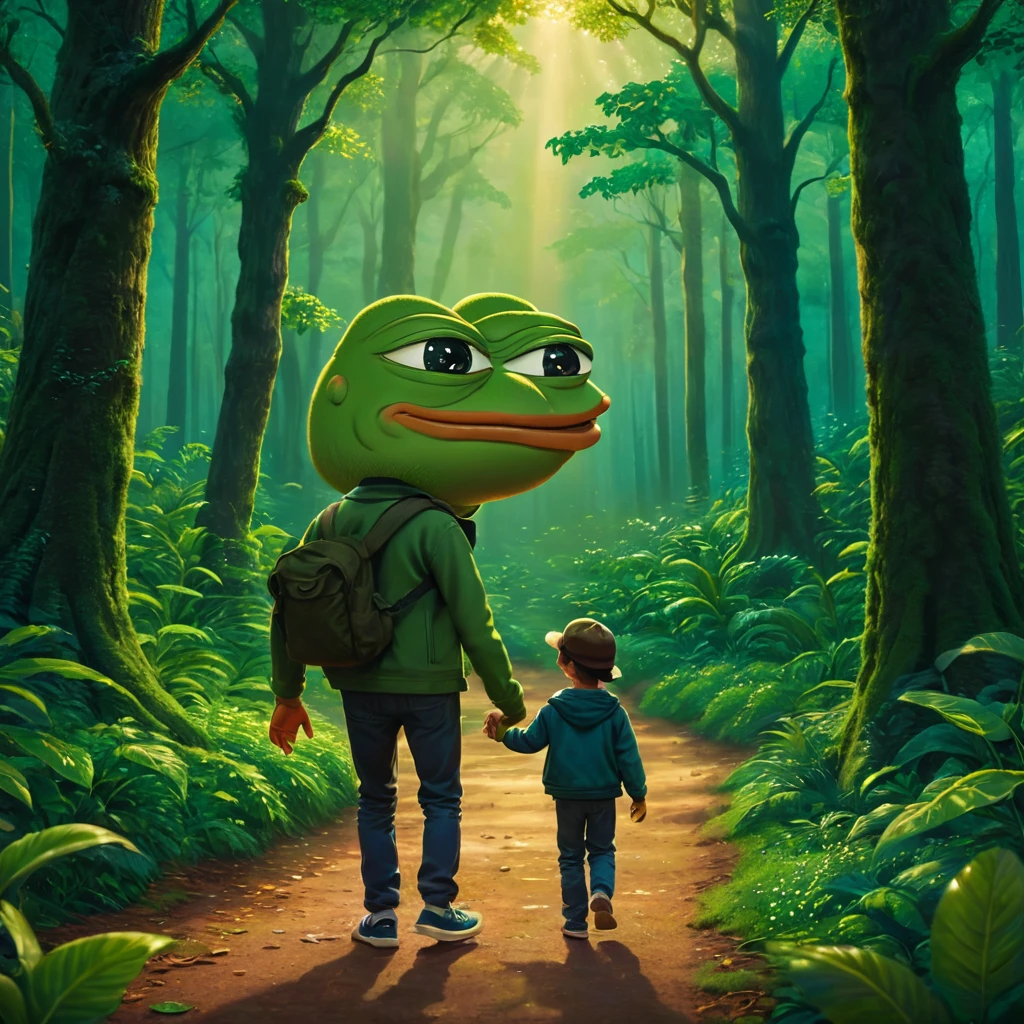 A father and son Pepe the frog, highly detailed, 3d render, digital illustration, vibrant colors, dynamic lighting, photorealistic, intricate details, lush green forest background, cute and whimsical, warm color palette, masterful rendering, epic scale, striking composition