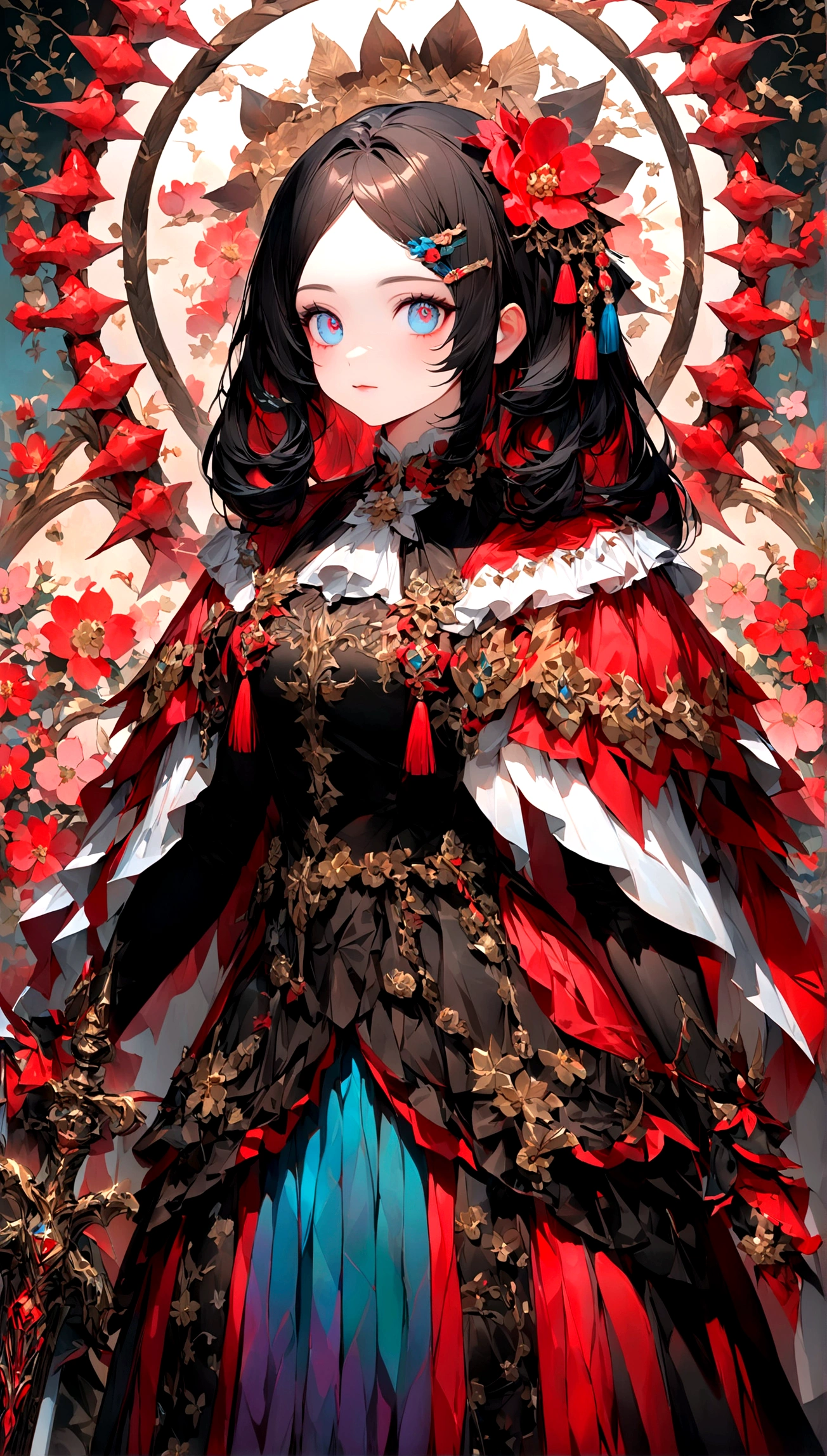 Danfeng eyes，bushido，the upper part of the body，curly black hair，Simple hair clips，Cool eyes，alone person，orthofacial，facade，Peach blossom background，highly saturated colors，hyper real，8k high definition，holding a longsword，utterly cute，destacados，plethora of colors