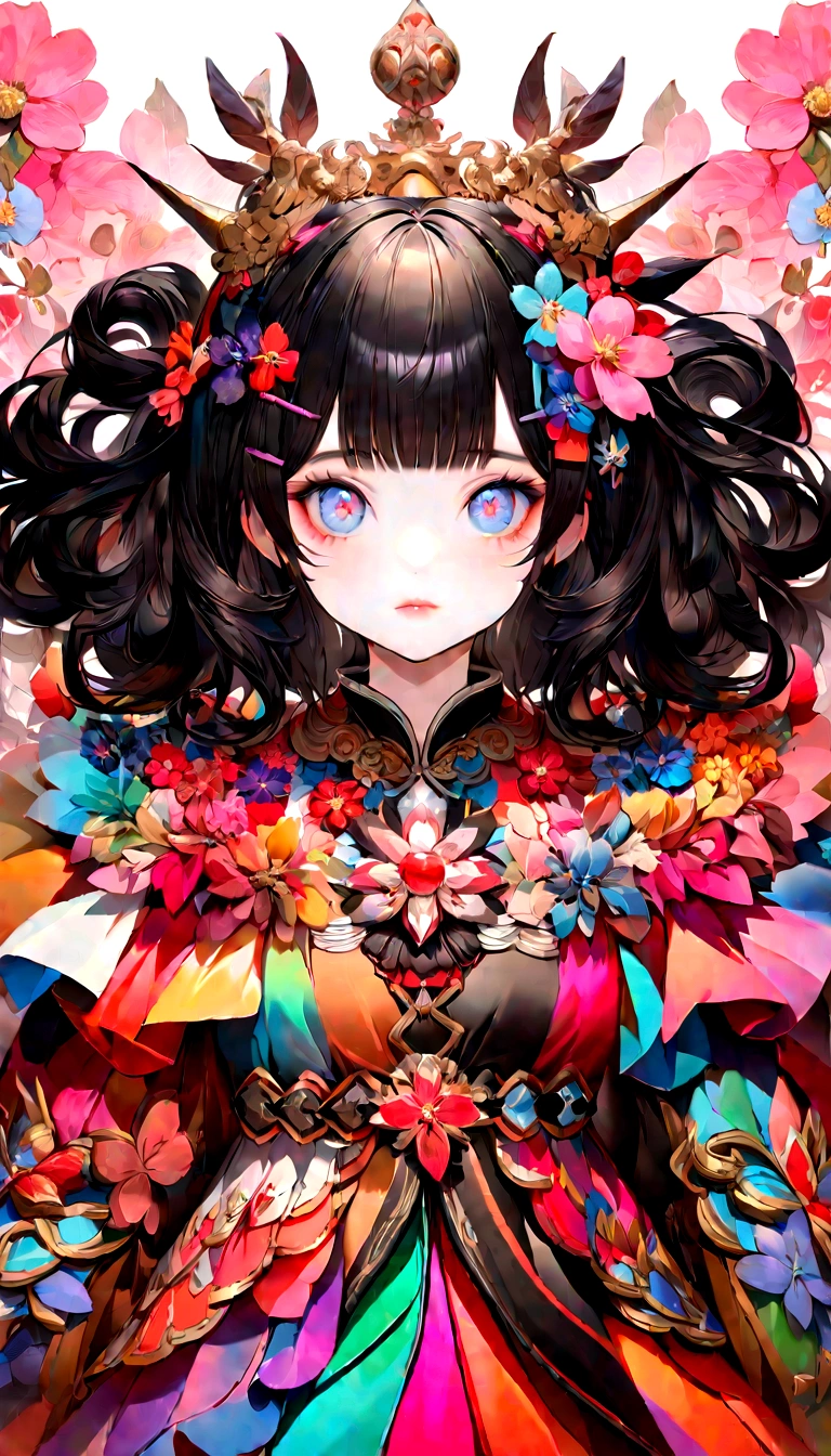 Danfeng eyes,bushido,the upper part of the body,curly black hair,Simple hair clips,Cool eyes,alone person,orthofacial,facade,Peach blossom background,highly saturated colors,hyper real,8k high definition,holding a longsword,utterly cute,destacados,plethora of colors