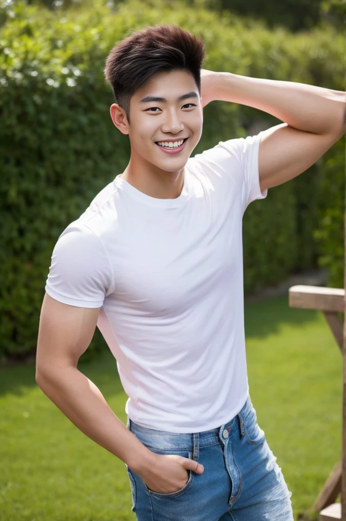 Young Korean man in a white t-shirt and jeans, A handsome, muscular young Asian man looks at the camera. In a simple t-shirt white and red , Fieldside, grass, beach, sunlight, Carrying a camera, smiling