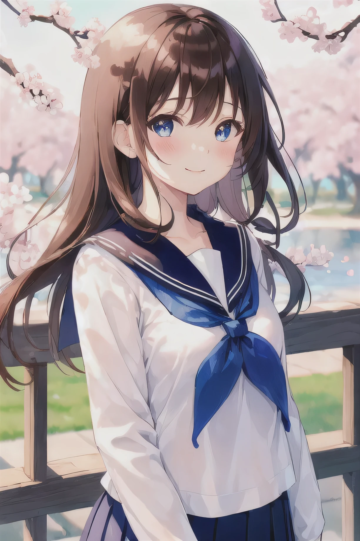 (upper_body:1.5), close-up, cherry_blossoms, outdoors, day, spring_\(season\), 1girl, smile, solo, bangs, blue_eyes, blush, closed_mouth, looking_at_viewer, long_hair, brown_hair, branch, eyebrows_visible_through_hair, floating_hair,hair_between_eyes, blue_sailor_collar, serafuku, long_sleeves, neckerchief, pleated skirt, pink_flower, petals, tree, white_shirt, wind, railing, sky 