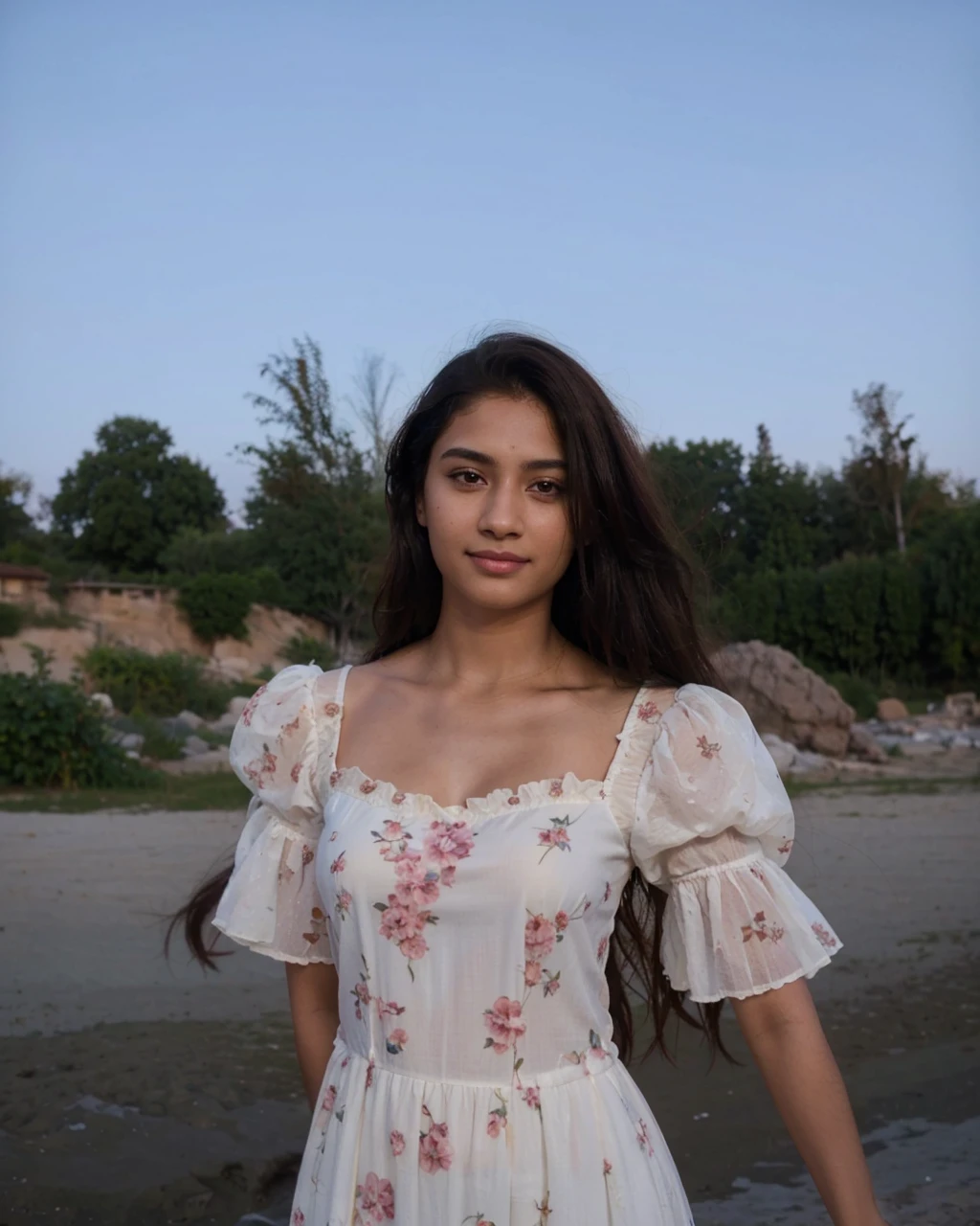 An 11 year old indian girl wearing a pink dress facing towards the sea waitching the sunset she is so beautiful that god wants her , her eyes are closed, very beautifull girl , her race is indian and she is white in color