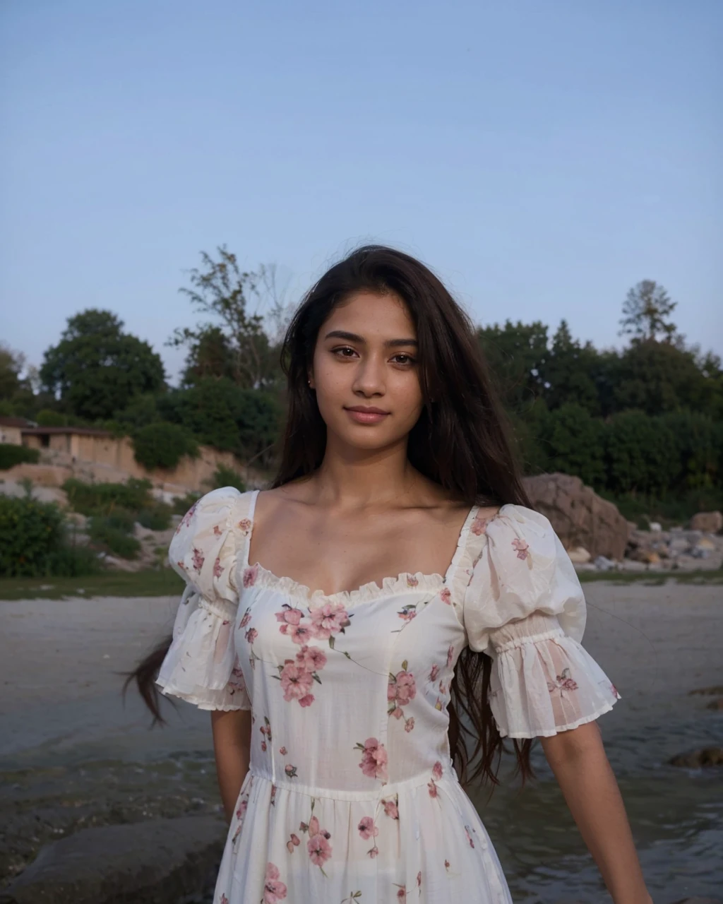 Beautiful ,23 years young Indian girl healthy, ,8k,realistic, raw photo,dark brown hair,fair skin, indian,long hair,clear facial features,, very detailed, 23years old, innocent face, natural wavy hair, high resolution, masterpiece, best quality, intricate details, highly detailed, sharp focus, detailed skin, realistic skin texture, texture, detailed eyes, professional, 4k, charming smile, shot on Canon, 85mm, shallow depth of field, kodak vision color, perfect fit body, extremely detailed, foto_\(ultra\), photorealistic, realistic, post-processing, maximum detail, roughness, real life, ultra realistic, photorealism, photography, 8k uhd, photography with bindi