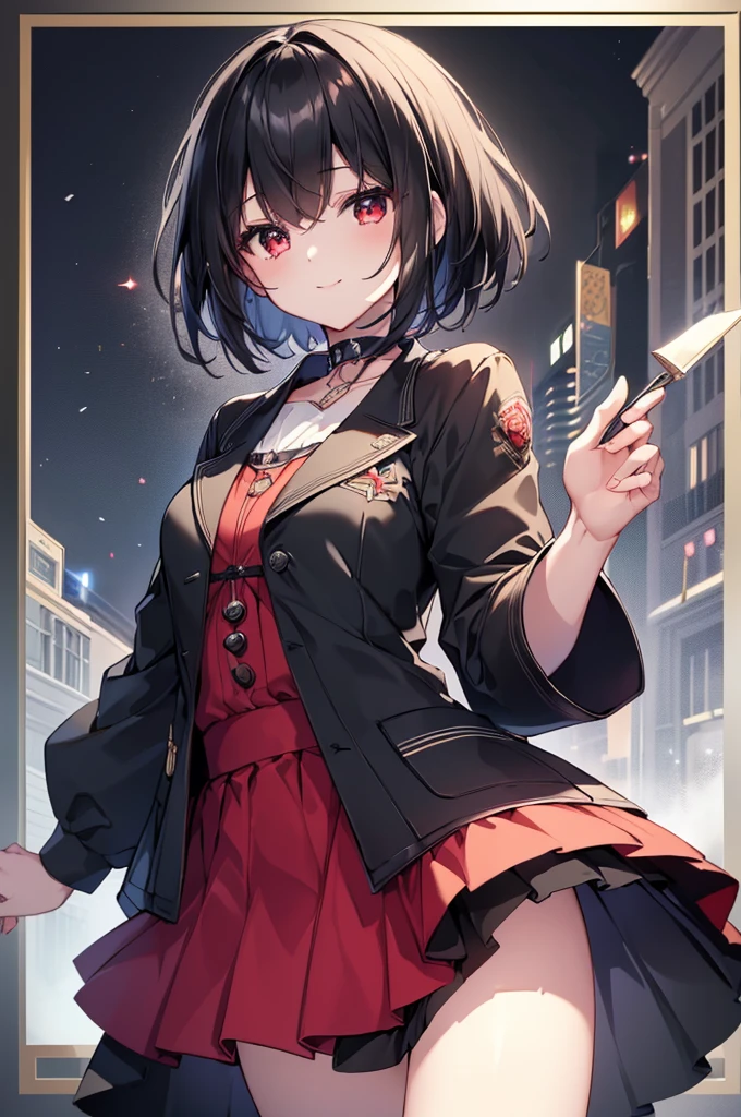 (masterpiece, highest quality, highest quality, (No text), Beautiful and aesthetic:1.2),No text,アニメ、BREAK,One Girl,Black Hair Girl short hair older sister choker Tree Eyes Beautiful eyes Red eyes cool smile Red and Black Black jacket mini skirt whole body In town