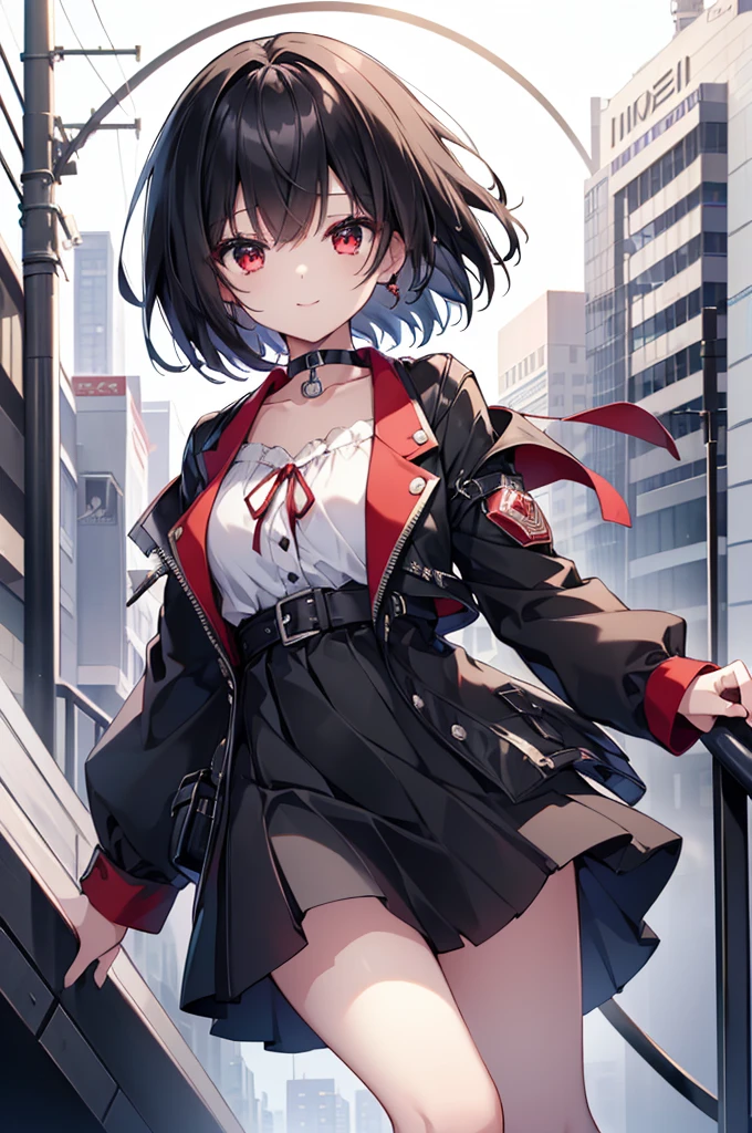 (masterpiece, highest quality, highest quality, (No text), Beautiful and aesthetic:1.2),No text,アニメ、BREAK,One Girl，Black Hair Girl　short hair　older sister　choker　Tree Eyes　Beautiful eyes　Red eyes　cool　smile　Red and Black　Black jacket　mini skirt　whole body　In town